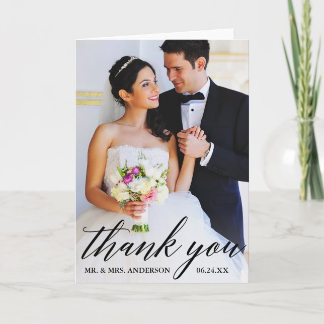 Calligraphy Bride Groom Wedding Photo Fold Thank You Card (Front)