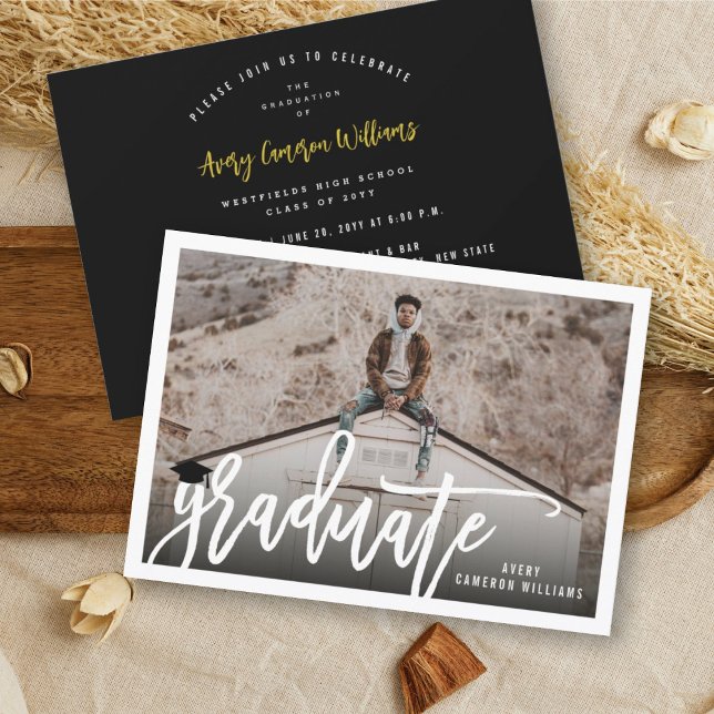 Calligraphy Brush Script Photo Graduation Party Invitation (Creator Uploaded)