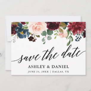 Calligraphy Burgundy Blue Save The Date Card
