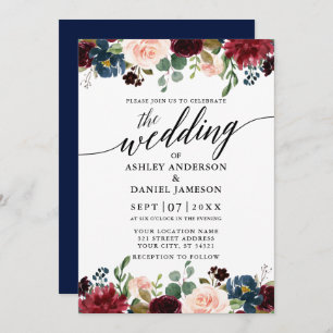 Calligraphy Burgundy Floral Blue Wedding Invitation