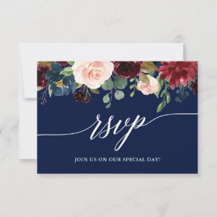 Calligraphy Burgundy Floral Blue Wedding RSVP Meal
