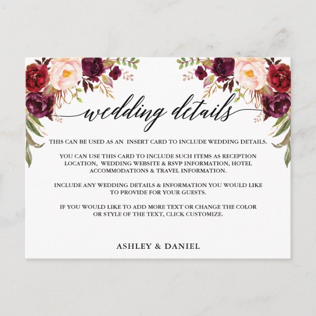 Calligraphy Burgundy Floral Wedding Details Card (Front)