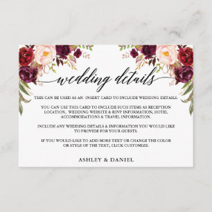Calligraphy Burgundy Floral Wedding Details Enclosure Card