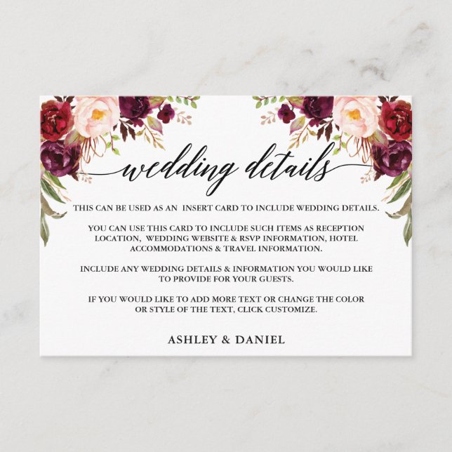 Calligraphy Burgundy Floral Wedding Details Enclosure Card (Front)