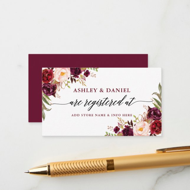 Calligraphy Burgundy Floral Wedding Registry Enclosure Card (Front/Back In Situ)