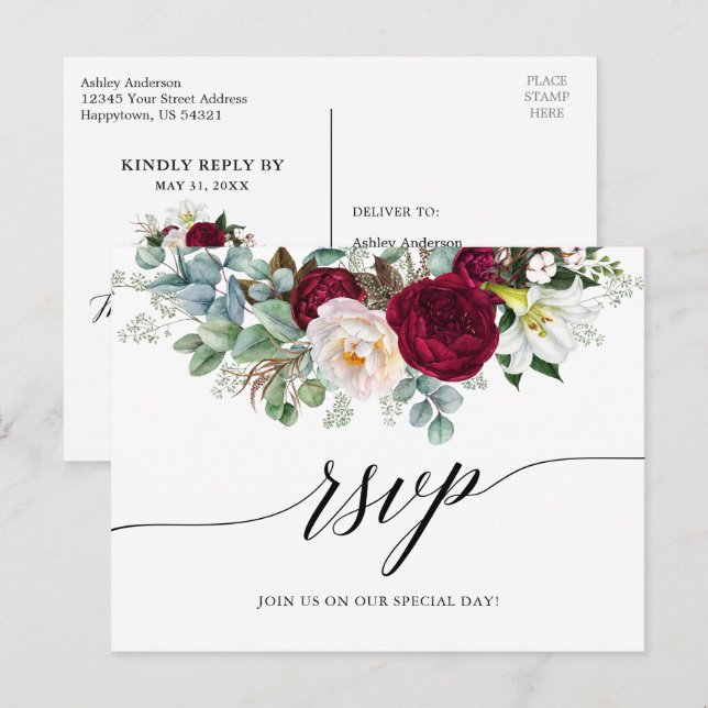 Calligraphy Burgundy Floral Wedding RSVP Postcard (Front/Back)