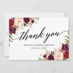 Calligraphy Burgundy Floral Wedding Thank You Card