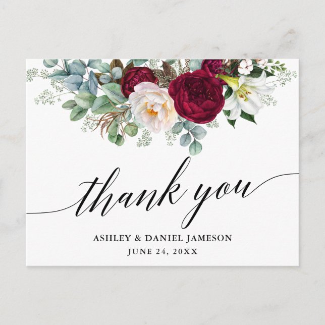 Calligraphy Burgundy Floral Wedding Thank You Postcard (Front)