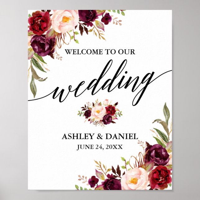 Calligraphy Burgundy Floral Wedding Welcome Poster (Front)