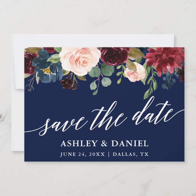 Calligraphy Burgundy Save The Date Blue Card (Front)