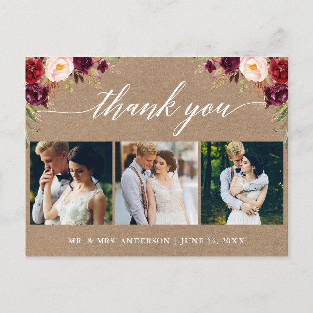 Calligraphy Burgundy Wedding Photo Thank You Kraft Postcard (Front)