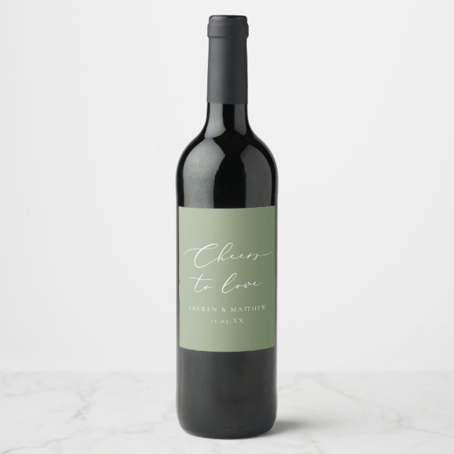 Calligraphy Cheers to Love Sage Green Wedding Wine Label (Front)