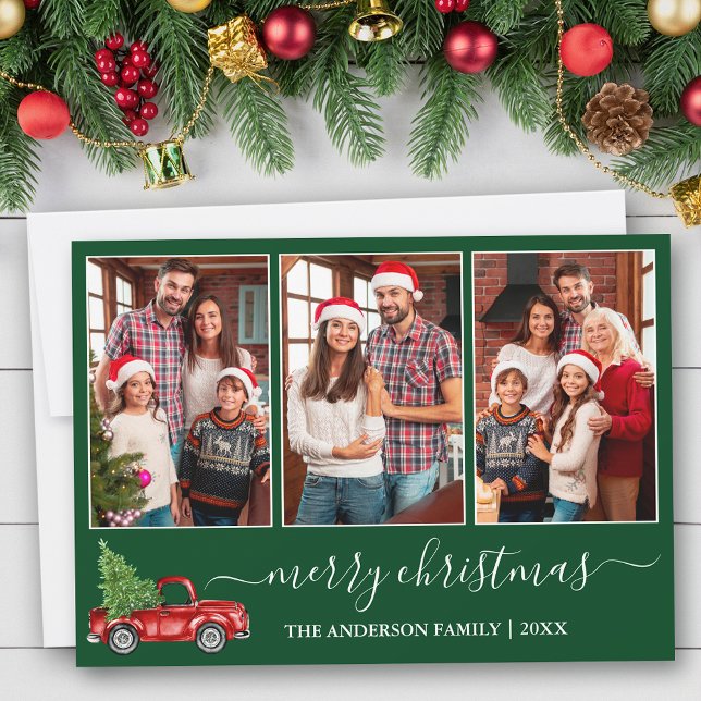 Calligraphy Christmas 3 Photo Red Truck Green Holiday Card (Customize to add text to back of card.)