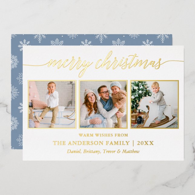 Calligraphy Christmas Dusty Blue 3 Photo Gold Foil Holiday Card (Front/Back)