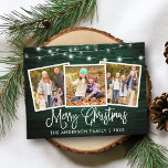 Calligraphy Christmas Green Wood Lights 3 Photo Postcard<br><div class="desc">Modern Fun Calligraphy Script Merry Christmas 3 Photo Holiday Postcard - Rustic Country Green Wood with String Lights</div>