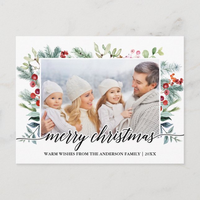 Calligraphy Christmas Greenery Family Photo Postcard (Front)