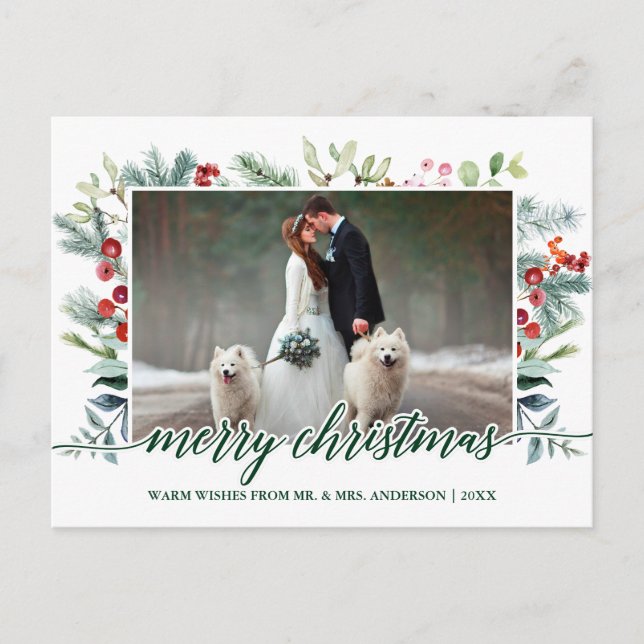 Calligraphy Christmas Greenery Wedding Photo Green Postcard (Front)