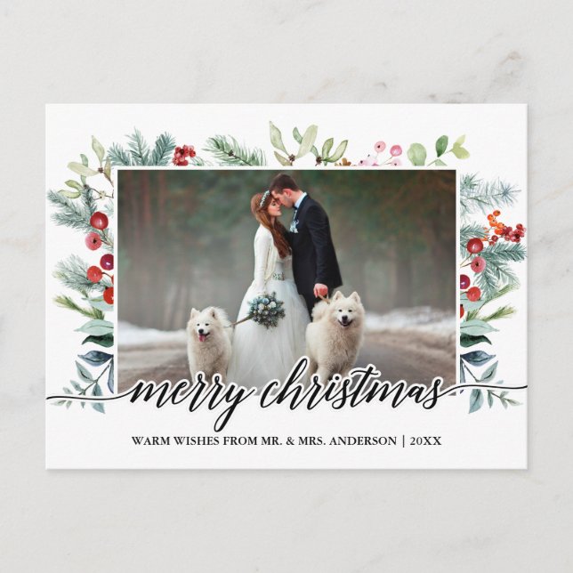 Calligraphy Christmas Greenery Wedding Photo Postcard (Front)