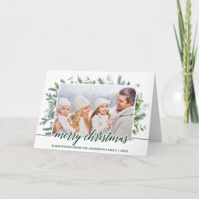 Calligraphy Christmas Pine Greenery Fold Photo Holiday Card (Front)