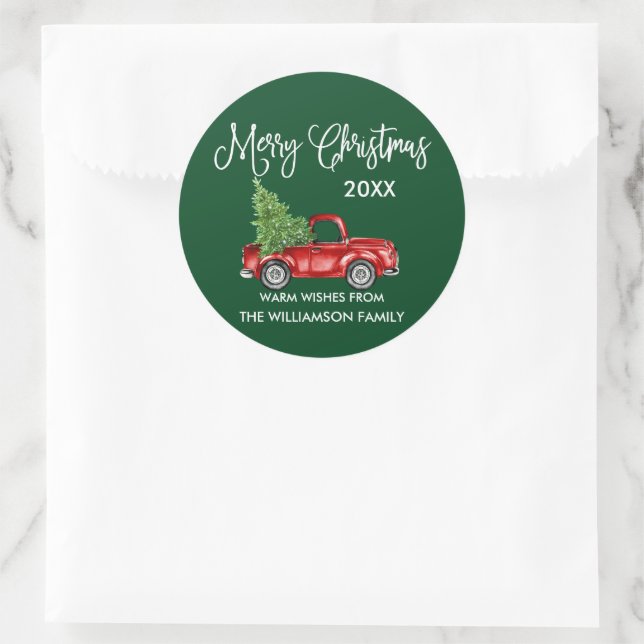 Calligraphy Christmas Red Truck Green Gift Classic Round Sticker (Bag)