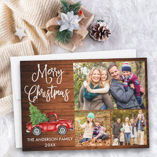 Calligraphy Christmas Red Truck Wood 3 Photo  Holiday Card