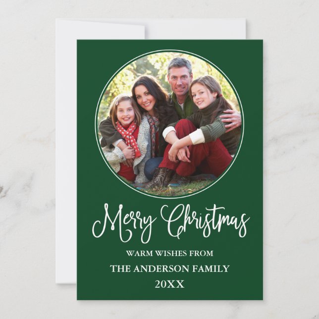 Calligraphy Christmas Round Photo Frame Green Holiday Card (Front)