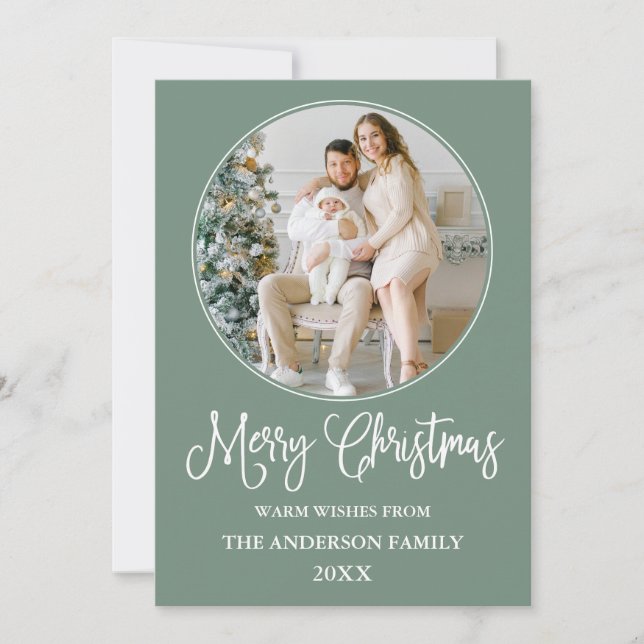 Calligraphy Christmas Round Photo Frame Sage Green Holiday Card (Front)