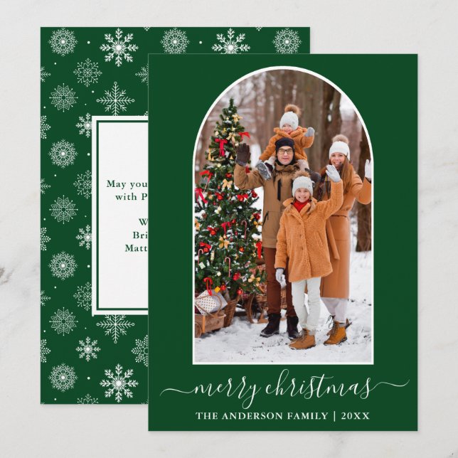 Calligraphy Christmas Snowflakes Photo Arch Green Holiday Card (Front/Back)