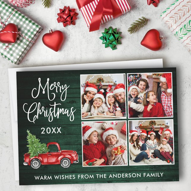 Calligraphy Christmas Truck 4 Photo Green Wood Holiday Card (Customize to add text to back of card.)