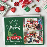 Calligraphy Christmas Vintage Truck 2 Photo Green Holiday Card<br><div class="desc">Modern Fun Calligraphy Script Merry Christmas 2 Photo Holiday Card - Watercolor Vintage Red Truck with Christmas Tree  - Forest Green Background</div>