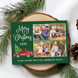 Calligraphy Christmas Vintage Truck 4 Photo Green Postcard<br><div class="desc">Modern Fun Calligraphy Script Merry Christmas 4 Photo Holiday Postcard - Watercolor Vintage Red Truck with Christmas Tree - Forest Green Background</div>