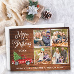 Calligraphy Christmas Vintage Truck 4 Photo Wood Holiday Card<br><div class="desc">Modern Fun Calligraphy Script Merry Christmas 4 Photo Holiday Card - Watercolor Vintage Red Truck with Christmas Tree - Rustic Country Wood</div>