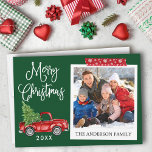 Calligraphy Christmas Vintage Truck Craft Tape Holiday Card<br><div class="desc">Modern Fun Calligraphy Script Watercolor Vintage Red Truck with Christmas Tree,  Instant Camera Style Photo Merry Christmas Card - Forest Green Background and Red & White Snowflakes Craft Tape</div>