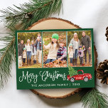 Calligraphy Christmas Vintage Truck Green 3 Photos Postcard<br><div class="desc">Modern Fun Calligraphy Script Merry Christmas 3 Photo Holiday Postcard - Watercolor Vintage Red Truck with Christmas Tree - Forest Green background</div>
