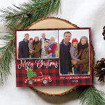 Calligraphy Christmas Vintage Truck Plaid 2 Photo Postcard<br><div class="desc">Modern Fun Calligraphy Script Merry Christmas 2 Photo Holiday Postcard - Watercolor Vintage Red Truck with Christmas Tree on Red Buffalo Plaid</div>