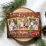 Calligraphy Christmas Vintage Truck Wood 3 Photo Postcard<br><div class="desc">Modern Fun Calligraphy Script Merry Christmas 3 Photo Holiday Postcard - Watercolor Vintage Red Truck with Christmas Tree on Rustic Country Wood</div>