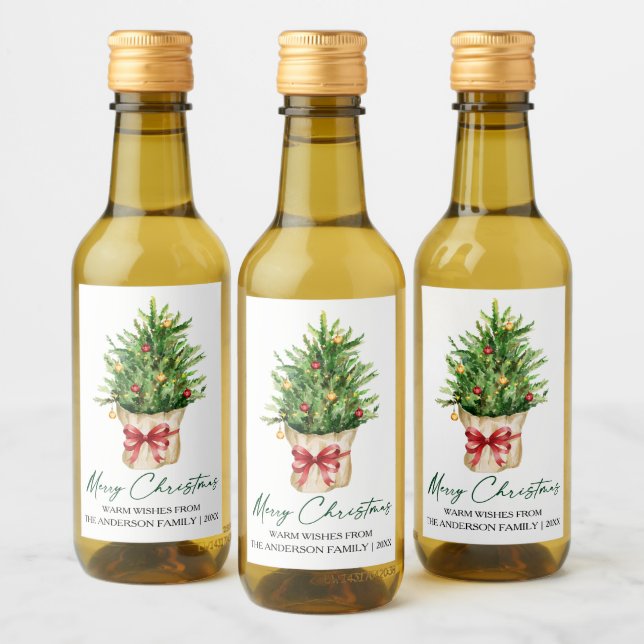 Calligraphy Christmas Watercolor Pine Red Bow Mini Wine Label (Bottles)
