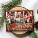 Calligraphy Christmas Wood Vintage Truck 3 Photo  Postcard<br><div class="desc">Modern Fun Calligraphy Script Merry Christmas 3 Photo Holiday Postcard - Watercolor Vintage Red Truck with Christmas Tree - Rustic Country Wood Print</div>