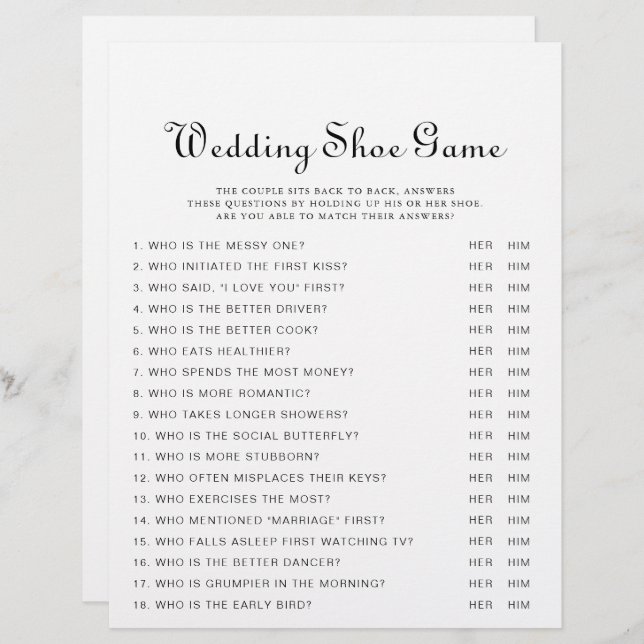 Calligraphy Classic Minimalist Wedding Shoe Game (Front/Back)