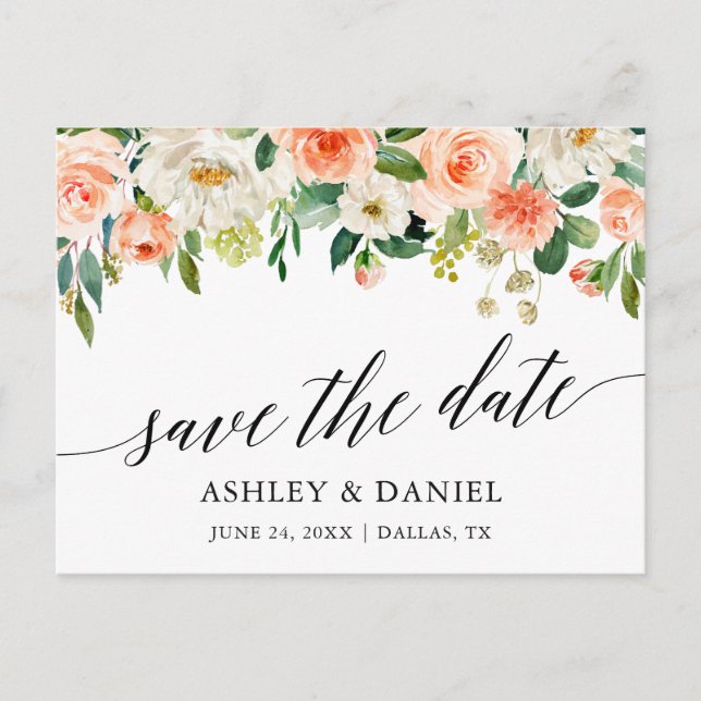 Calligraphy Coral Floral Save The Date Postcard (Front)