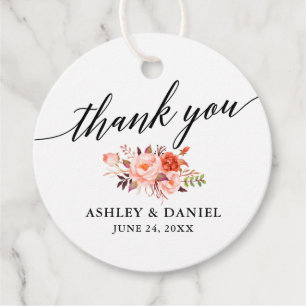 Calligraphy Coral Floral Wedding Thank You Favour Tags