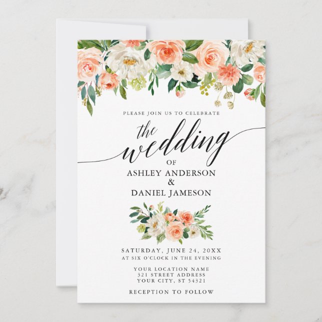 Calligraphy Coral Floral Wedding W Invitation (Front)
