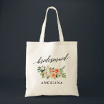 Calligraphy Coral White Floral Bridesmaid Name Tote Bag<br><div class="desc">Modern Elegant Calligraphy,  Watercolor Coral White Floral Bridesmaid Name Tote Bag</div>