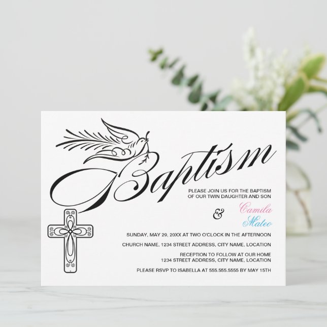 Calligraphy Cross and Dove Baptism Twins Invitation (Standing Front)