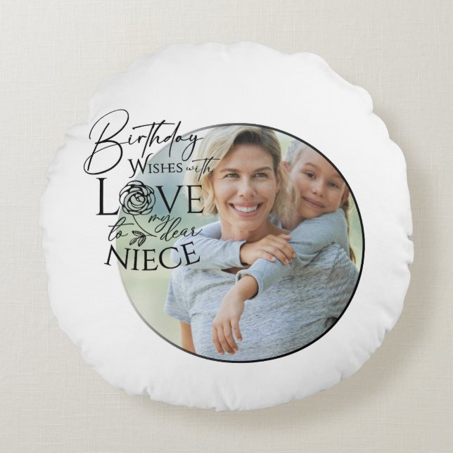 Calligraphy Custom Photo Birthday For  Niece Round Pillow (Front)
