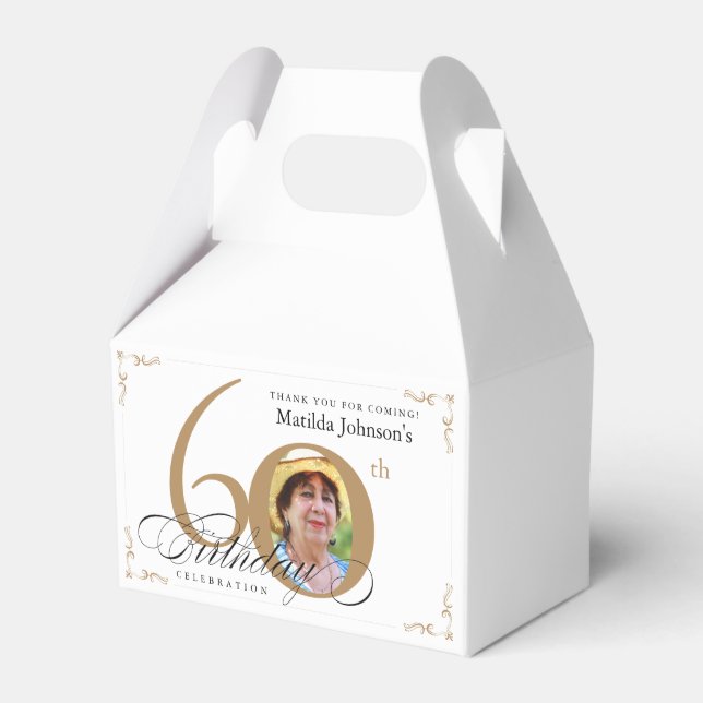 Calligraphy Custom Photo White Gold 60th Birthday Favor Box (Front Side)