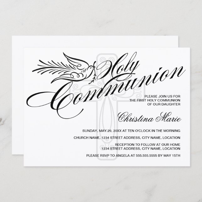 Calligraphy Dove and Cross First Holy Communion Invitation (Front/Back)