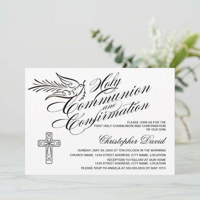 Calligraphy Dove Holy Communion and Confirmation Invitation (Standing Front)