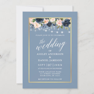 Calligraphy Dusty Blue Pink Floral Lights Wedding Invitation