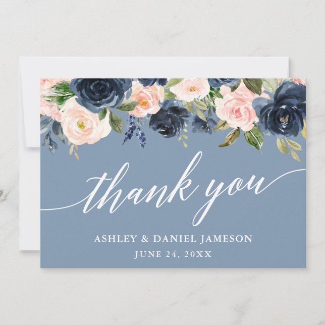 Calligraphy Dusty Blue Pink Floral Wedding Thank You Card (Front)